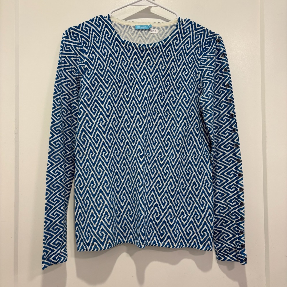 J.McLaughlin Blue White Geometric Greek Key Button Sleeve Knit Top XS